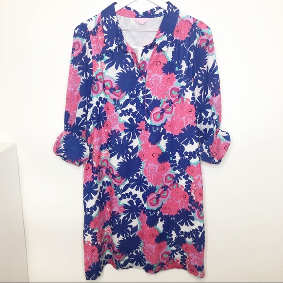 Lilly Pulitzer Pink Blue Floral Shirt Dress 8 - Picture 4 of 7